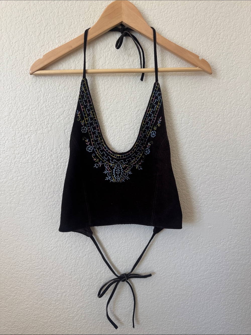 Vintage Black Embroidered Halter Tie-Back Leather Top